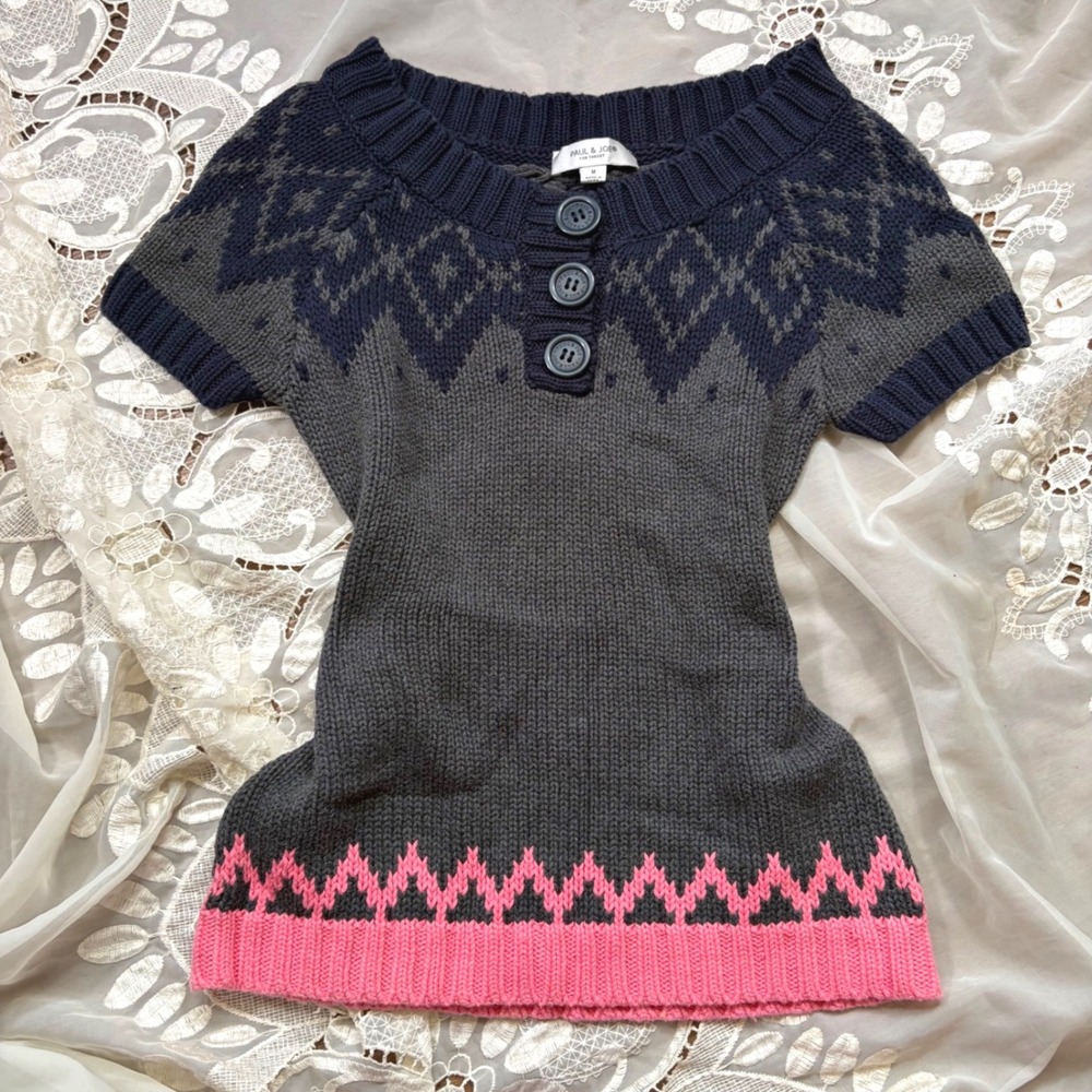 Paul & Joe for Target Gray Navy Pink Fair Isle Cotton Knit Henley Sweater M